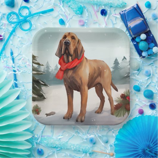 Bloodhound Hond in Sneeuw Kerstmis Papieren Bordje (Feest)