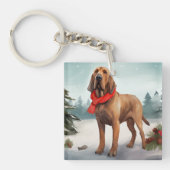 Bloodhound Hond in Sneeuw Kerstmis Sleutelhanger (Voorkant)