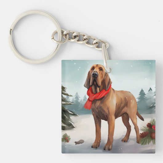 Bloodhound Hond in Sneeuw Kerstmis Sleutelhanger (Voorkant)