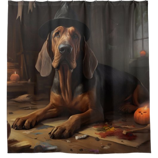 Bloodhound pompoenen Halloween eng Douchegordijn (Voorkant)