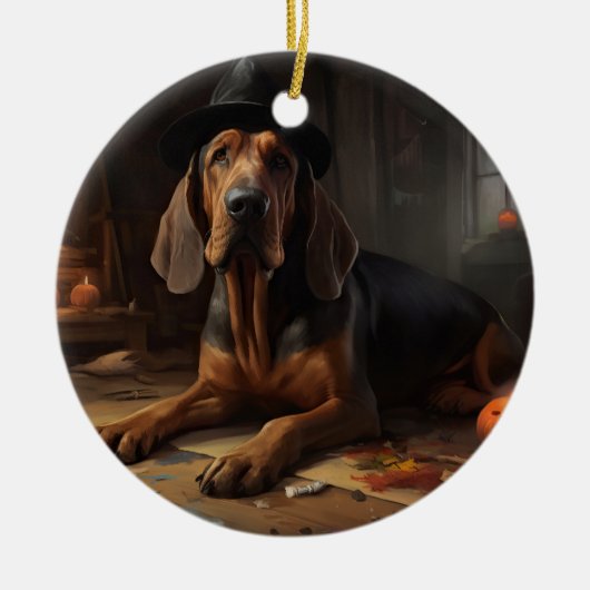Bloodhound pompoenen Halloween eng Keramisch Ornament (Voorkant)