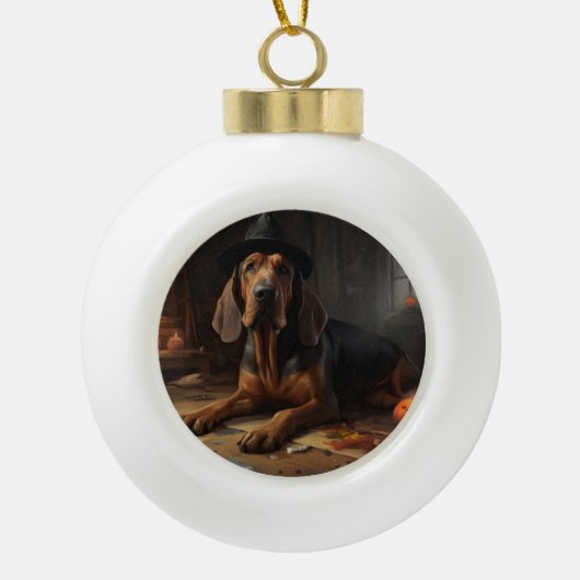 Bloodhound pompoenen Halloween eng Keramische Bal Ornament (Voorkant)