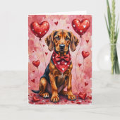Bloodhound Valentine Dog Sitting with Hearts Red Kaart (Voorkant)