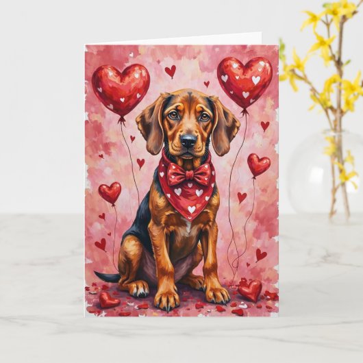 Bloodhound Valentine Dog Sitting with Hearts Red Kaart (Gele Bloem)