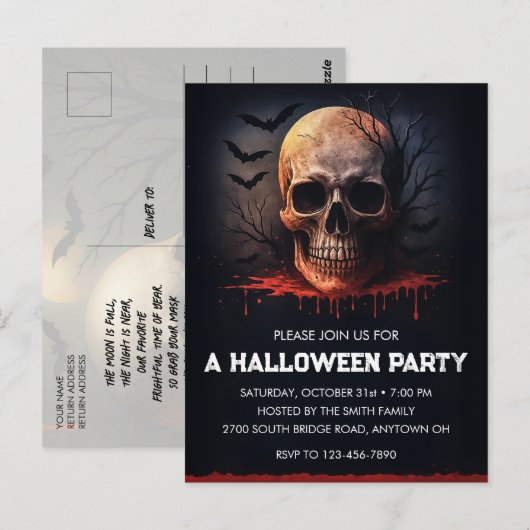 Bloody Skull Halloween Party Invitation Postcard Briefkaart (Voorkant / Achterkant)