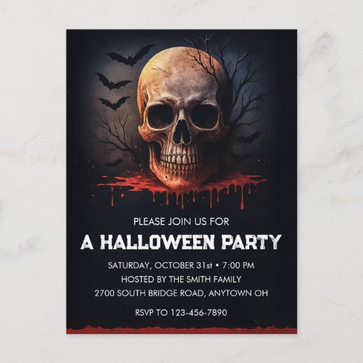 Bloody Skull Halloween Party Invitation Postcard Briefkaart (Voorkant)