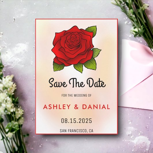 Bloom blush red rose floral Wedding Save the Date Kaart