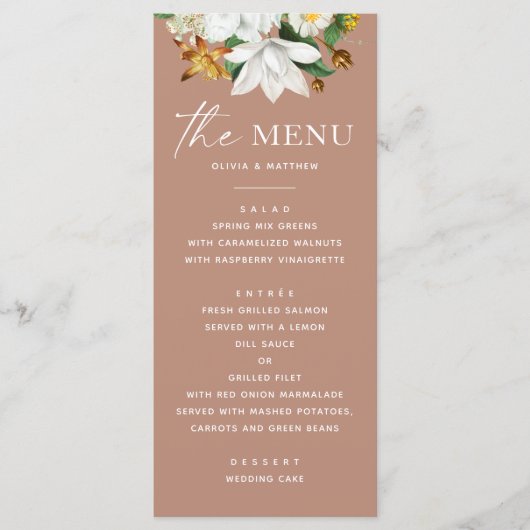 Bloom camellia. Elegant stoffig roos bruiloft Menu (Voorkant)