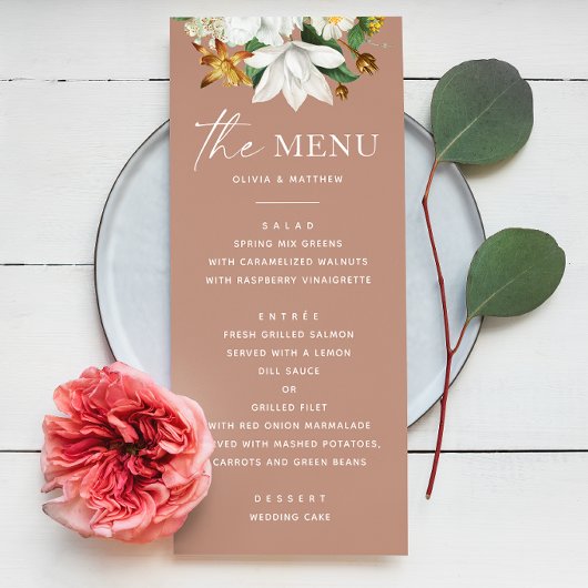 Bloom camellia. Elegant stoffig roos bruiloft Menu