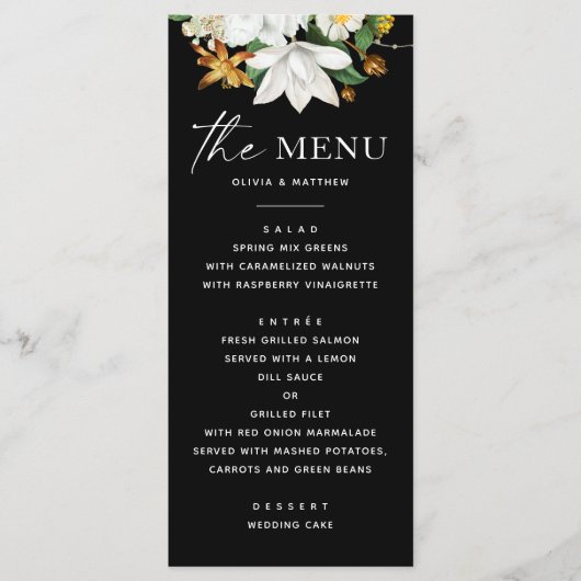 Bloom  camellia. Elegante zwarte bruiloft Menu (Voorkant)