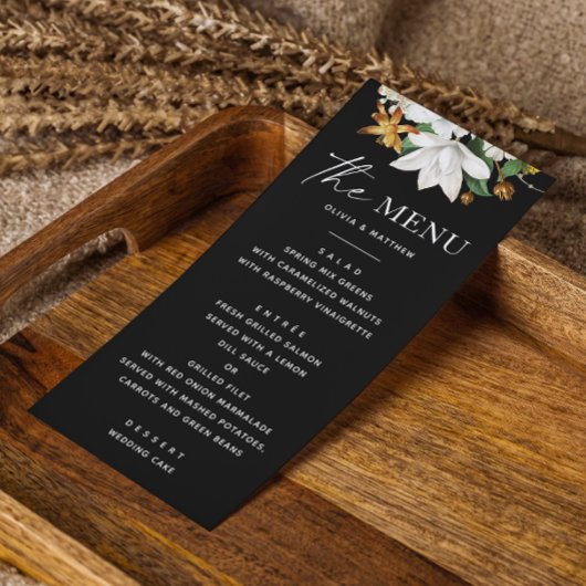 Bloom  camellia. Elegante zwarte bruiloft Menu