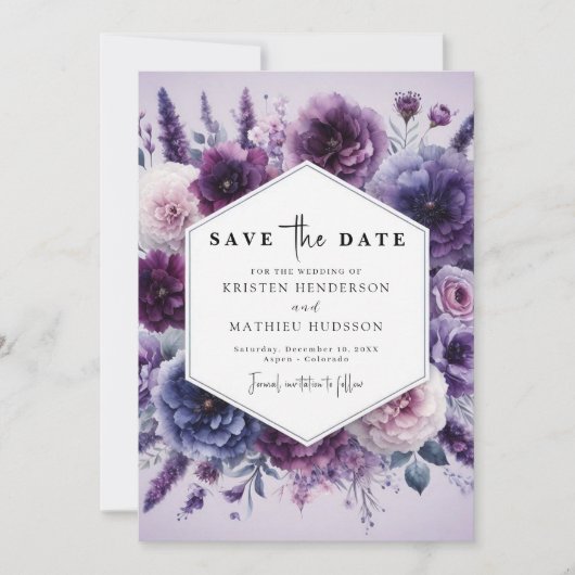 Bloom Digitale Paarse Bloemen Huwelijk Save The Date (Voorkant)