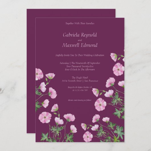 Bloom Eenvoudige Aquarel Geranium Bruiloft Kaart (Voorkant / Achterkant)