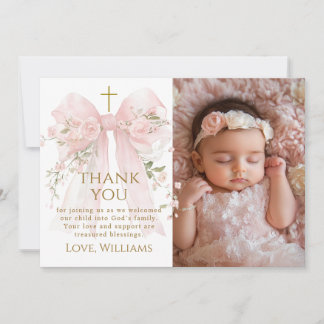 Bloom Floral Bow Girl Baptism Bedankkaart