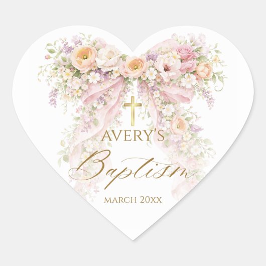 Bloom Floral Bow Girl Baptism Hart Sticker (Voorkant)