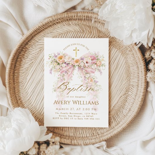 Bloom Floral Bow Girl Baptism Kaart