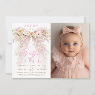 Bloom Floral Bow Girl Photo First Birthday Kaart