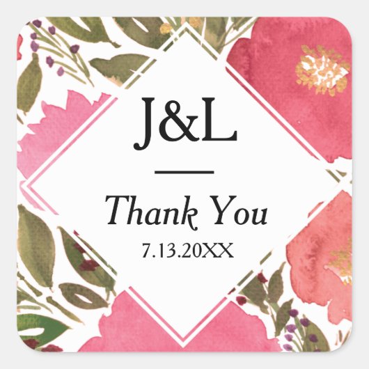Bloom Flowers Monogram Wedding Vierkante Sticker (Voorkant)