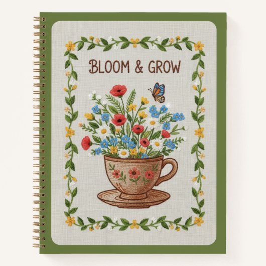 Bloom & Grow Embroidered Teacup Floral Journal Notitieboek (Voorkant)