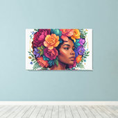 Bloom Inspirerende Zwarte Vrouw Bloemrijk Afro Canvas Afdruk (Insitu (Houten vloer))