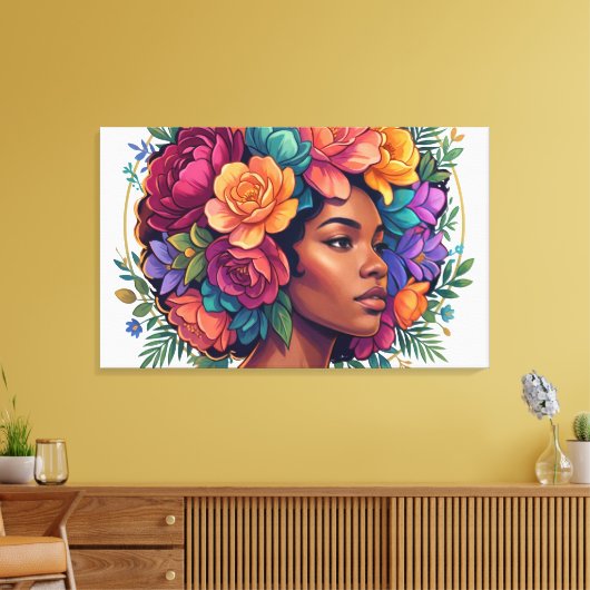 Bloom Inspirerende Zwarte Vrouw Bloemrijk Afro Canvas Afdruk (Insitu (Woonkamer))