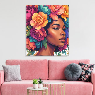 Bloom Inspirerende Zwarte Vrouw Bloemrijk Afro clo Canvas Afdruk