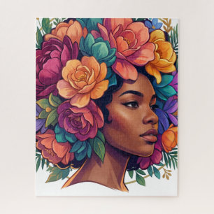 Bloom Inspirerende Zwarte Vrouw Bloemrijk Afro Legpuzzel