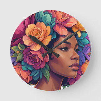 Bloom Inspirerende Zwarte Vrouw Bloemrijk Afro Ronde Klok