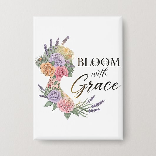 Bloom met Grace Elegant Bloemen Vrouw Silhouet Button (Voorkant)