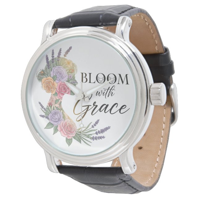 Bloom met Grace Elegant Bloemen Vrouw Silhouet Horloge (Gekanteld)