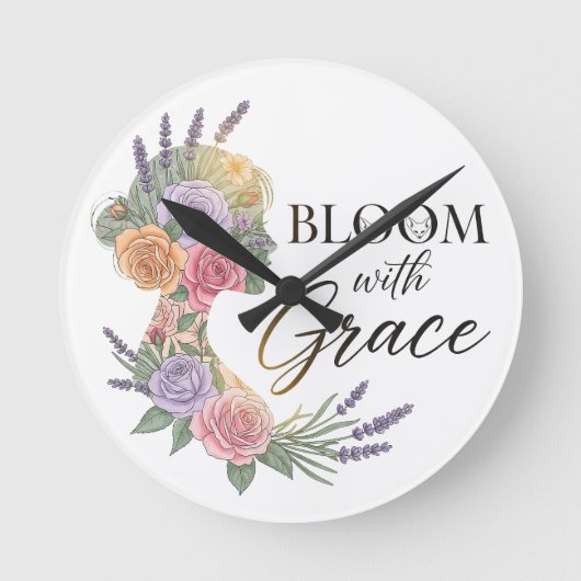 Bloom met Grace Elegant Bloemen Vrouw Silhouet Ronde Klok (Voorkant)