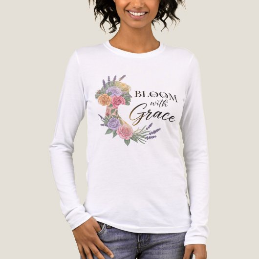 Bloom met Grace Elegant Bloemen Vrouw Silhouet Tri-Blend Shirt (Voorkant volledig)