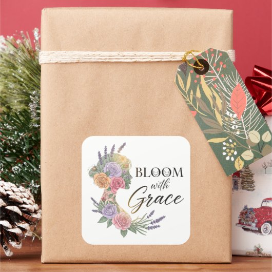 Bloom met Grace Elegant Bloemen Vrouw Silhouet Vierkante Sticker (Feestdagen)