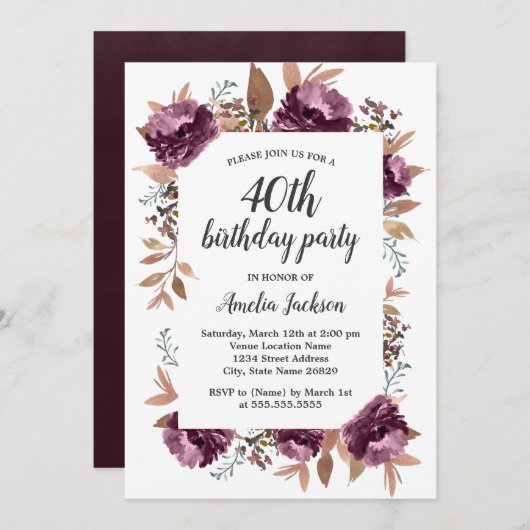 Bloom Paarse Waterverf 40th Birthday Uitnodiging (Voorkant / Achterkant)