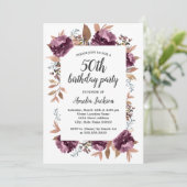Bloom Paarse Waterverf 50th Birthday Invitation Kaart (Staand voorkant)