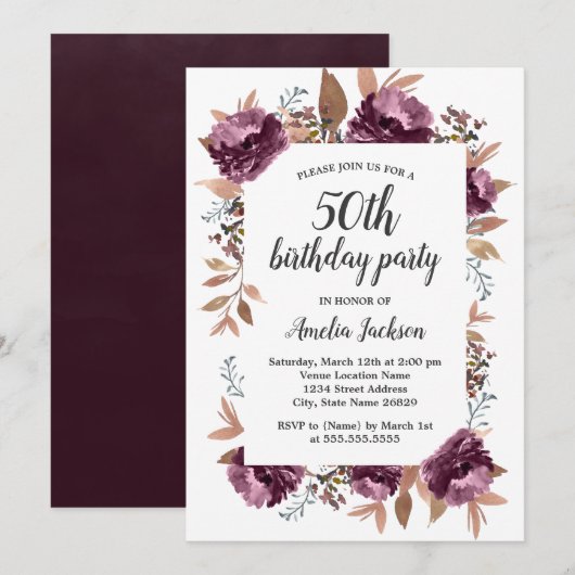 Bloom Paarse Waterverf 50th Birthday Invitation Kaart (Voorkant / Achterkant)