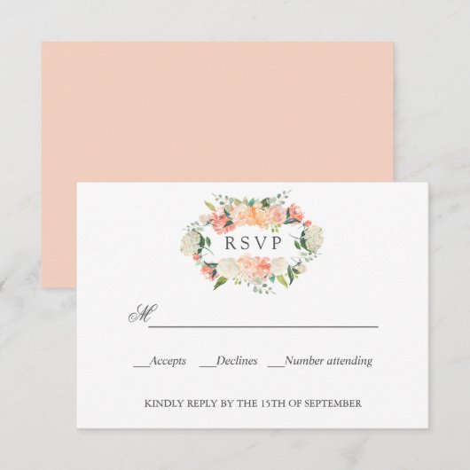 Bloom Peach roze botanische WEDDING RSVP (Voorkant / Achterkant)