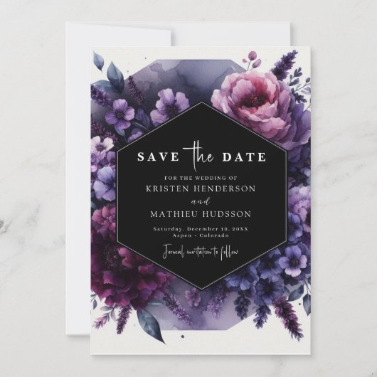 Bloom Printable Paarse Bloemen Huwelijk Save The Date (Voorkant)