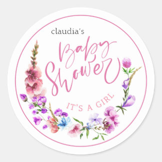 Bloom roze en violet waterverf bloemenbabyshower ronde sticker