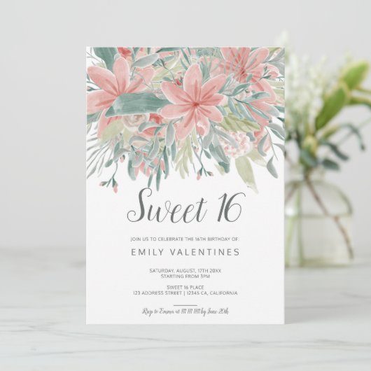 Bloom | Roze groene roze waterverf Sweet 16 Kaart (Staand voorkant)