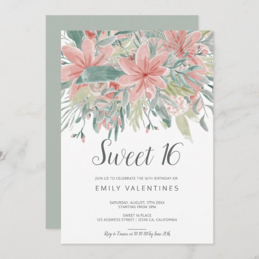 Bloom | Roze groene roze waterverf Sweet 16 Kaart (Voorkant / Achterkant)