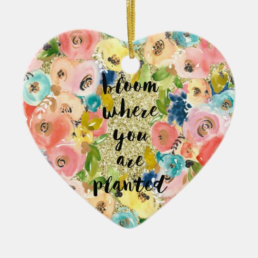 Bloom waar je geplant bent Glitter Floral Keramisch Ornament (Voorkant)