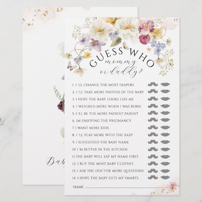 Bloom Wildflower Rustisch Baby shower Game (Voorkant / Achterkant)