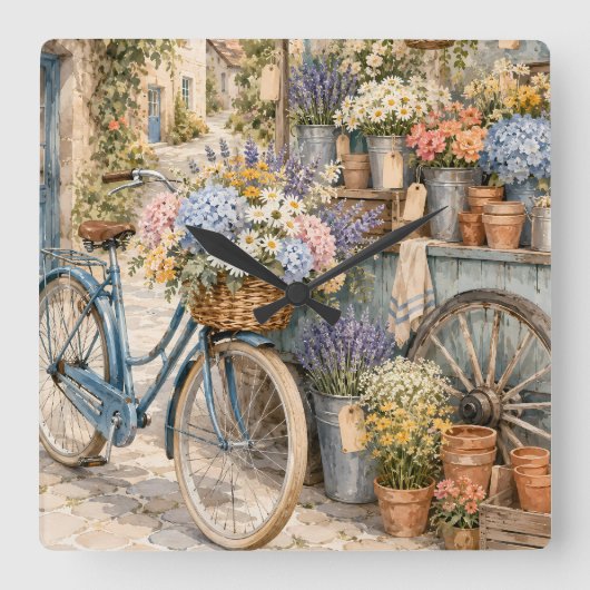 Bloomcore Bloemenmarkt Fiets Vierkante Klok (Voorkant)
