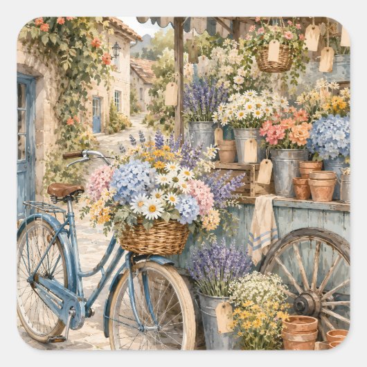 Bloomcore Bloemenmarkt Fiets Vierkante Sticker (Voorkant)