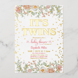 Bloomend roze bloemen Baby shower met tweelingmeis Folie Uitnodiging