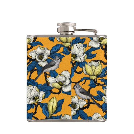 Bloomende magnolia en timuizvogel 3 heupfles (Achterkant)