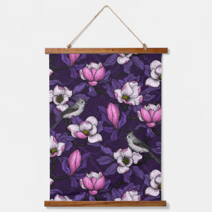 Bloomende magnolia en titmuis bird 4 hangend wandkleed