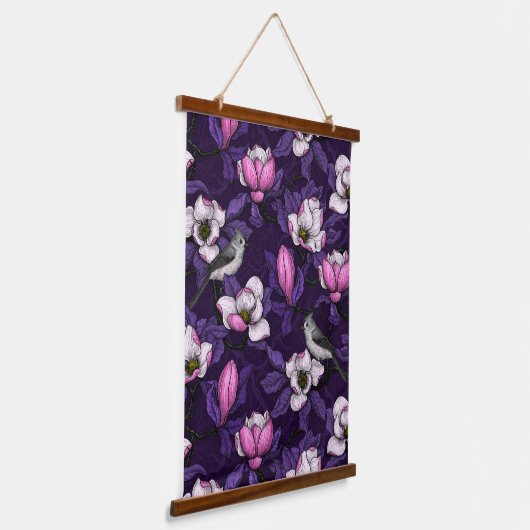 Bloomende magnolia en titmuis bird 4 hangend wandkleed (Gebogen)
