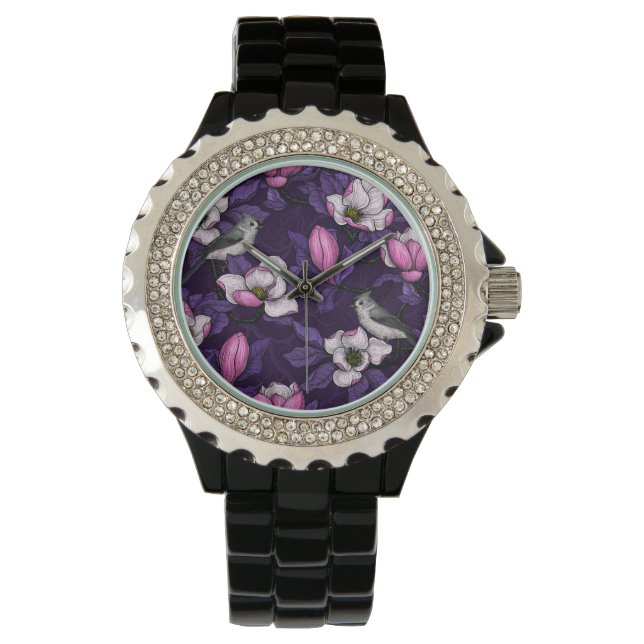 Bloomende magnolia en titmuis bird 4 horloge (Voorkant)